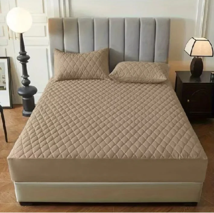 Solid Quilted 100% Waterproof Mattress Protector For Double Bed - Beige