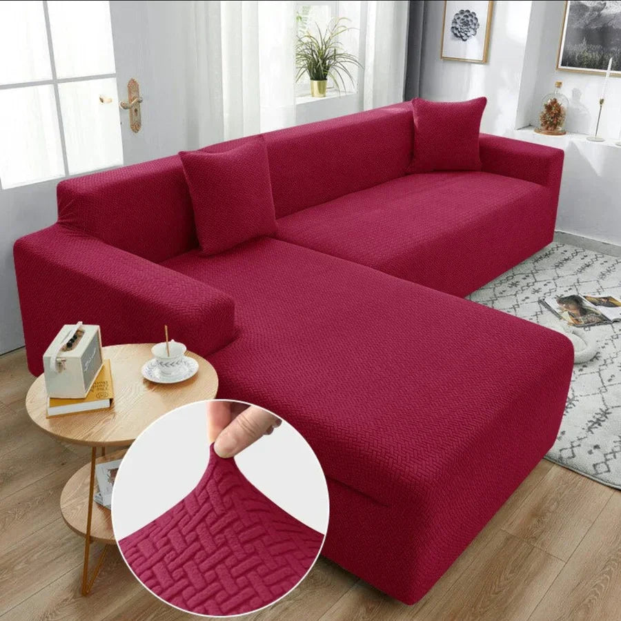 Stripe Jacquard L Shape Sofa Cover - Maroon