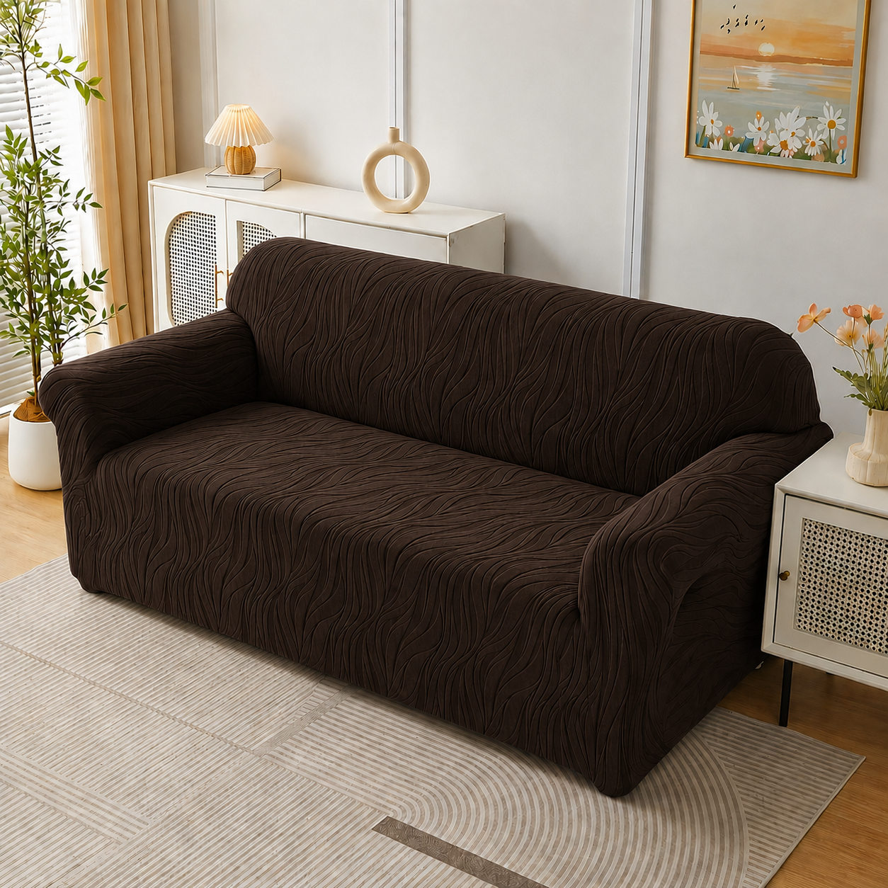 Floral Velvet Touch Sofa Cover ( BROWN COLOR )