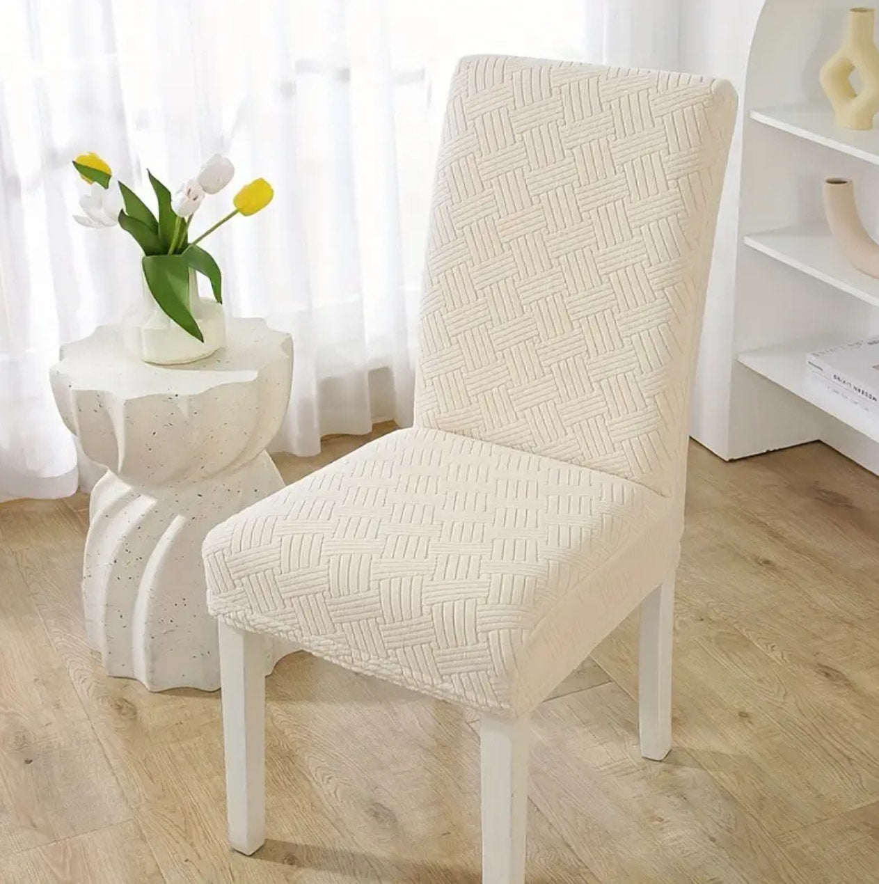 Velvet Strip Design Fitted Dinning Chair Covers ( Skin color )