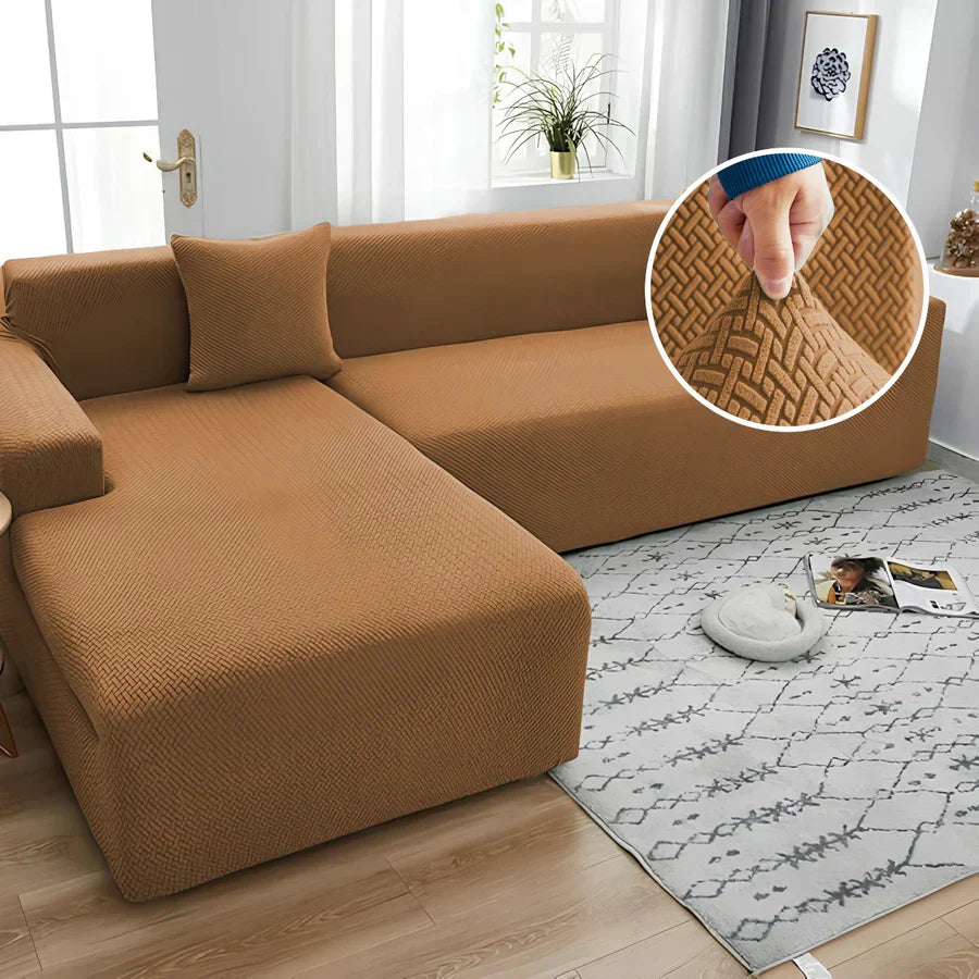 Stripe Jacquard L Shape Sofa Cover -  Camel Brown