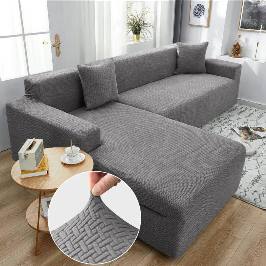 Stripe Jacquard L Shape Sofa Cover - Grey
