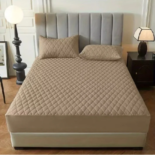 Solid Quilted 100% Waterproof Mattress Protector For Double Bed - Beige