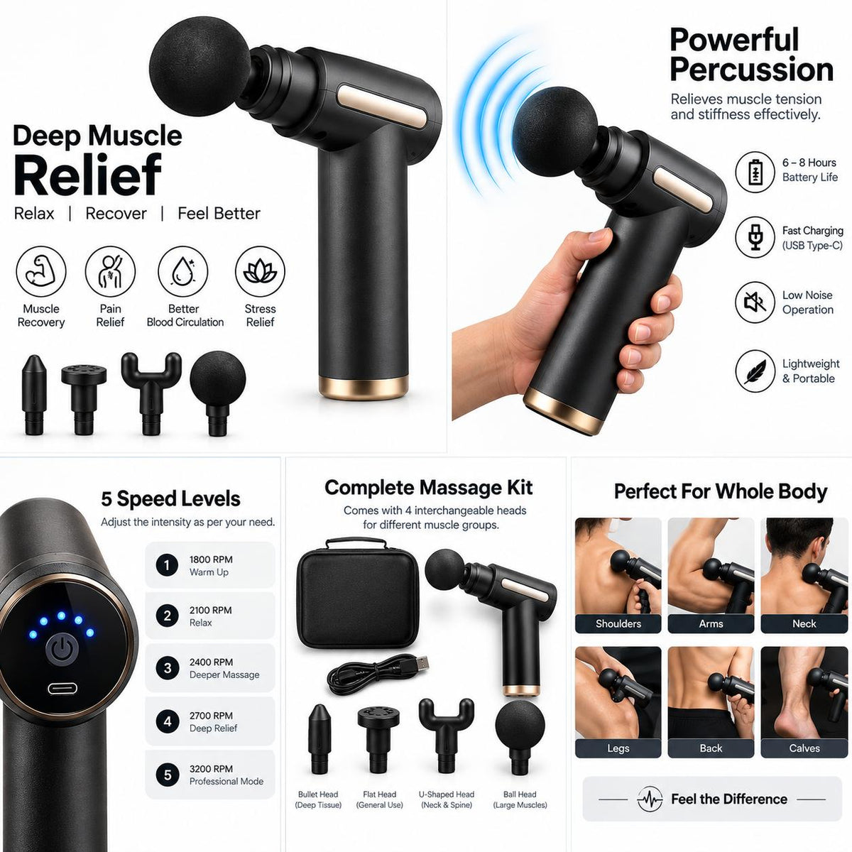 Imported Massage  Gun, 4 Heads, 6 Levels & LCD Display,