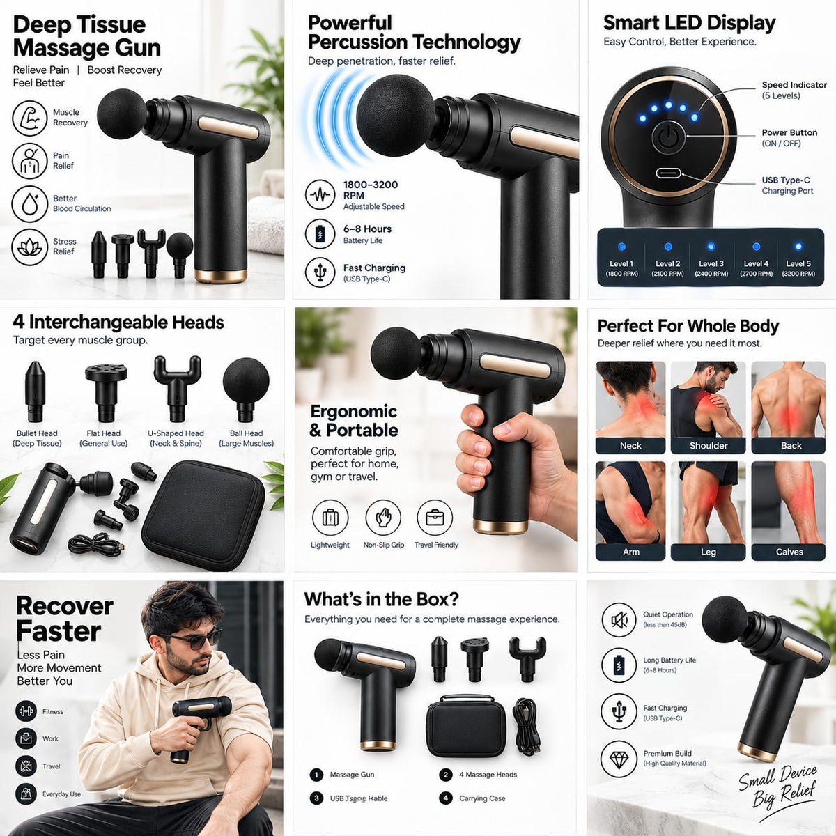 Imported Massage  Gun, 4 Heads, 6 Levels & LCD Display,